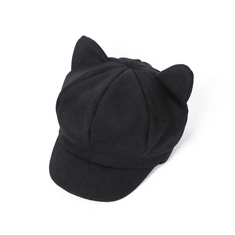 Women's Cat Ears Octagonal Solid Color Autumn Winter Beret Street Casual Painter Fashion Trend Newspaper Children's Hat_voghion.com