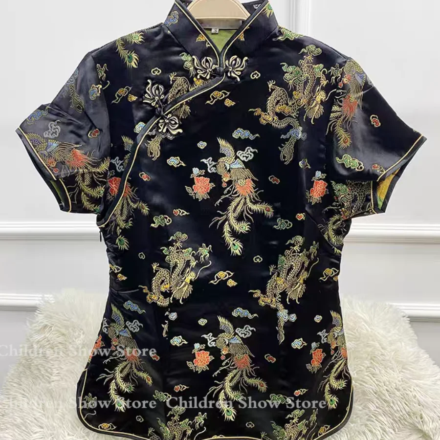 Brocade Dragon Phoenix Costume Chinese Style Qipao Top Lady Elegant Tang Clothes Silk Women's Slime Costumes Vintage Blouse
