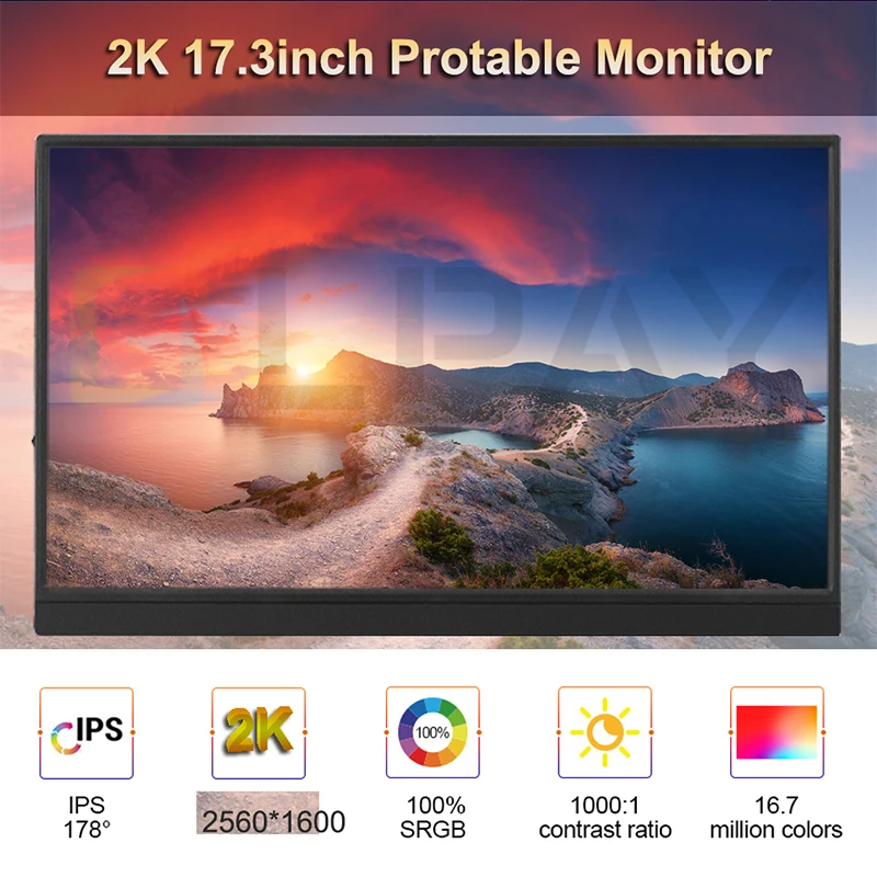 17.3 Inch2K ޴  100% SRGB IPS ̹  USB C HDMI Ȯ ȭ Ʈ ǻ ÷, Mac PC ȭ PS