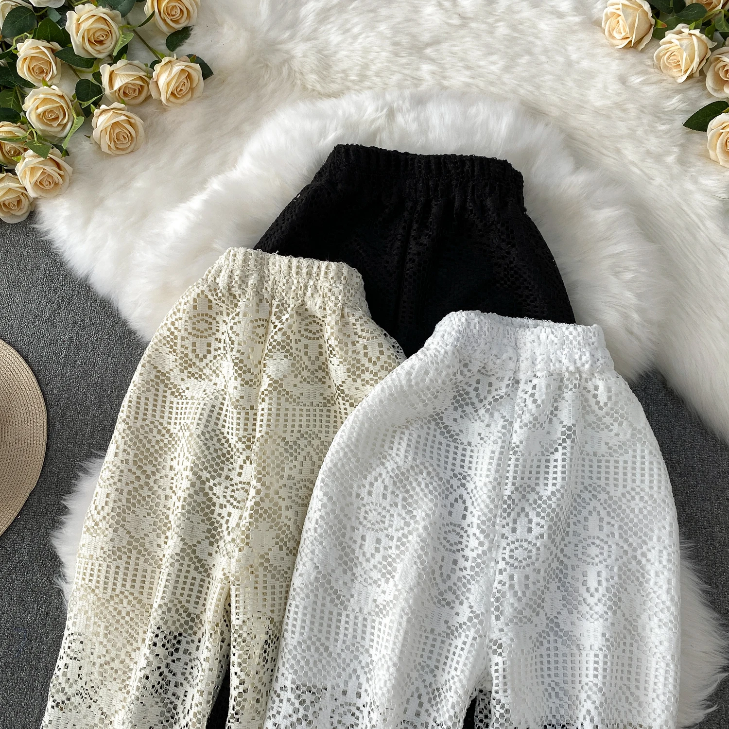 Summer Straight Pants for Women's 2025 New Bottoms High Waist Fashion Hollow Out Thin Pantalon Femme Korean Lace Trousers 63e165
