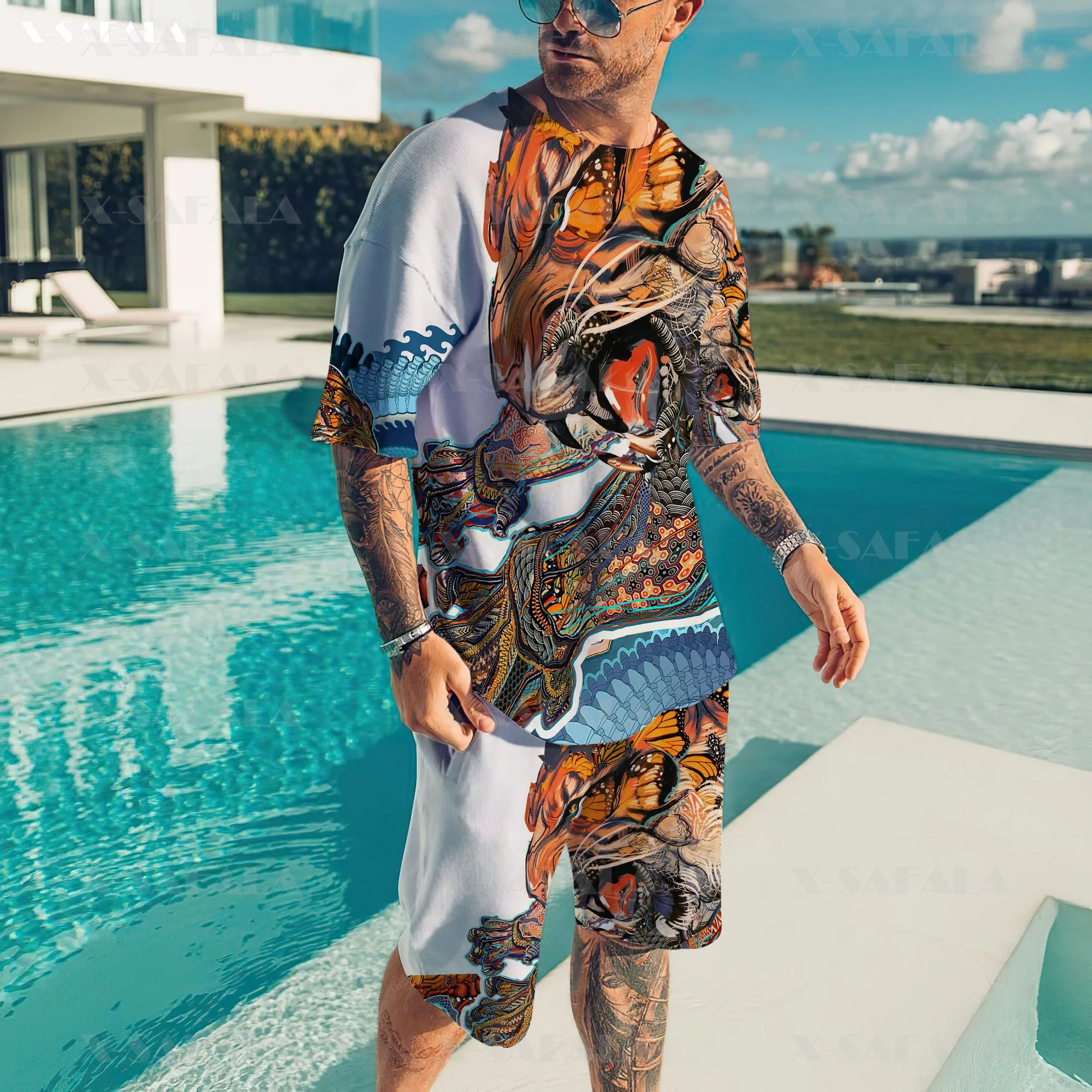 Samurai Mask Tattoo Art Armor Tshirt Short Combo Beach Set Uomo Estate Manica Corta Casual Mens T-Shirt Boardshorts Set -2