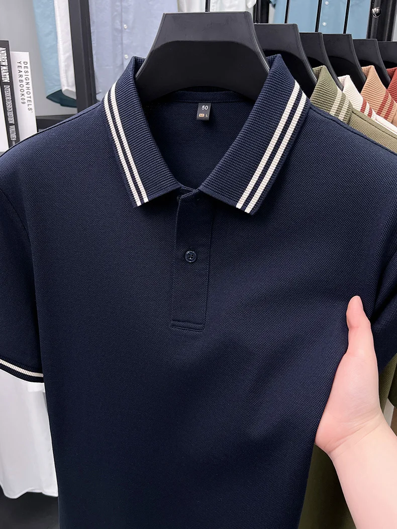 100% pure cotton men's short sleeve polo shirt high-quality fashion soft comfort striped decoration summer casual T-shirt top 30 Se3242949b4324db38fc16a7af79bf011m