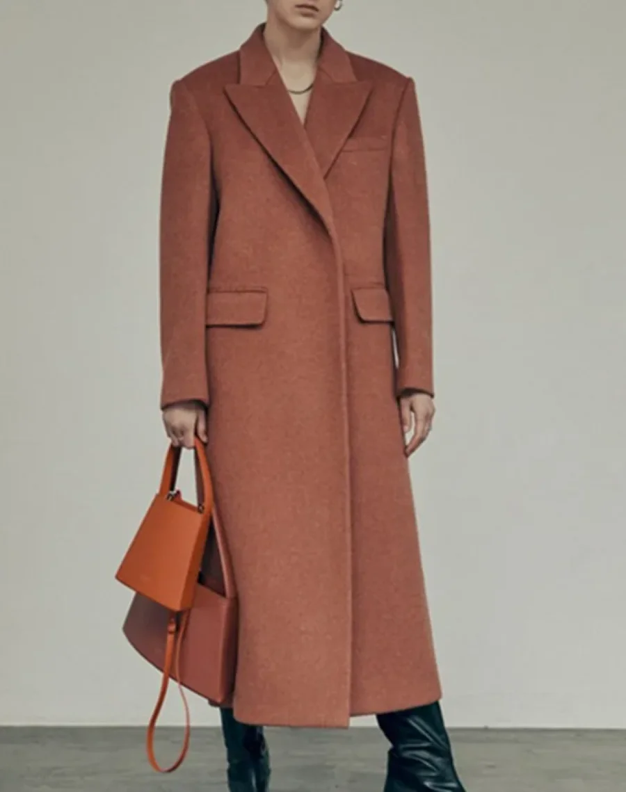 

Mid-Length Coat for Women Notched Long Sleeve Elegant Autumn Winter Woolen Jacket