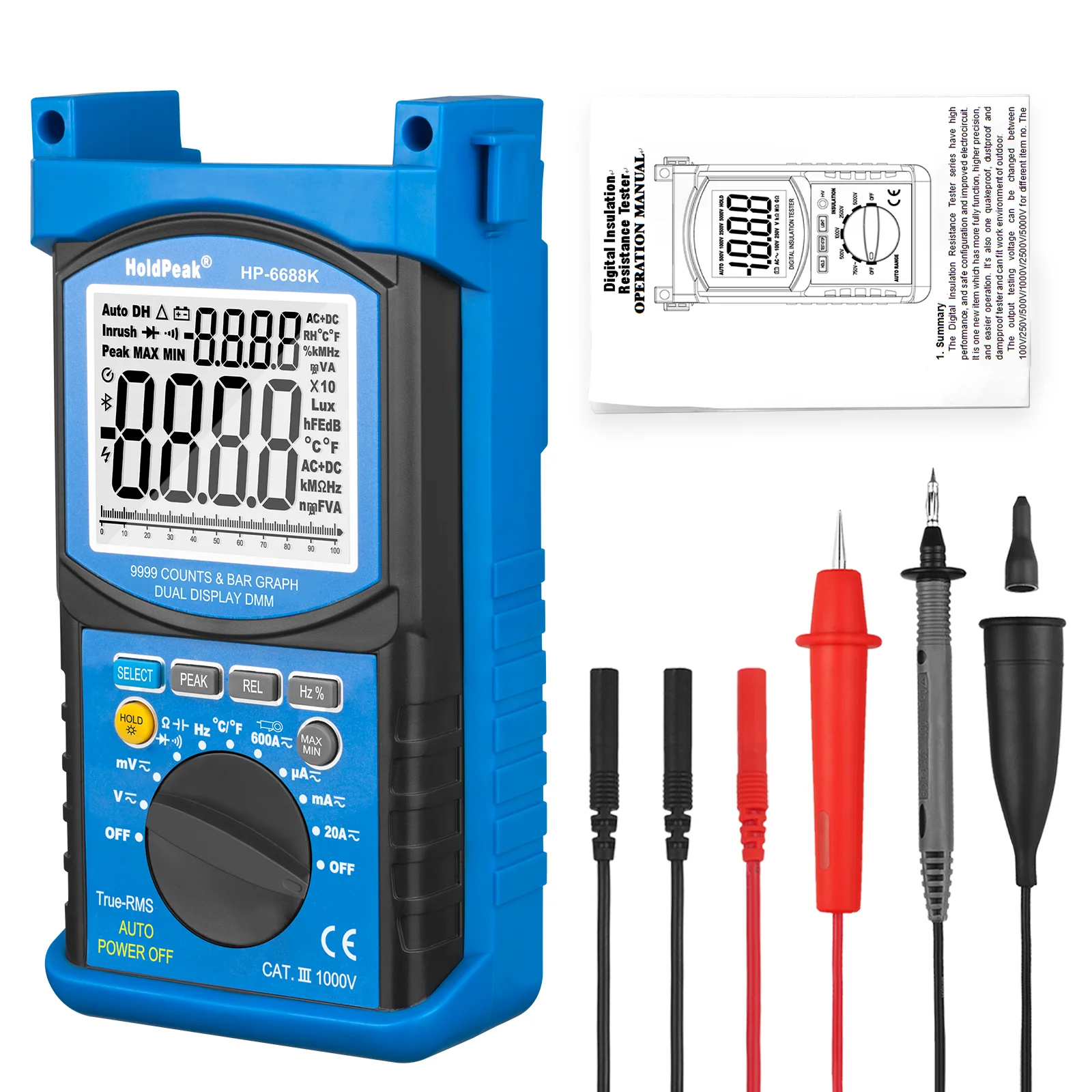 HoldPeak HP-6688K 99.99MΩ Insulation Resistance Tester Megometer True RMS Meter 1000V Auto Range Insulated Multimeter