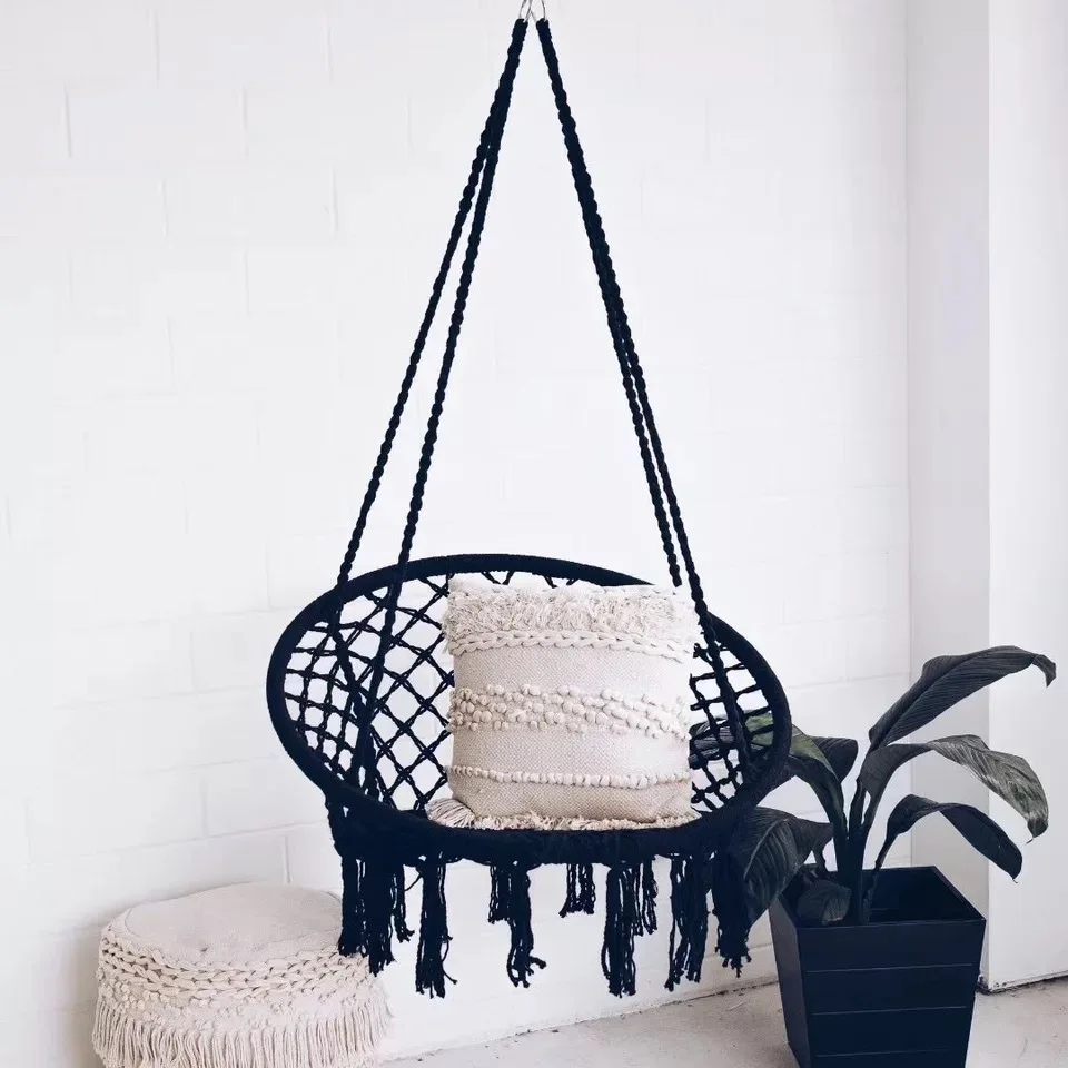 Nordic Style Round Hammock Swing Chair Safety Hanging Hammock Rope Hanging Garden Seat Beige Knitting Rope Swing Balcony Chair camping hammock disc swing