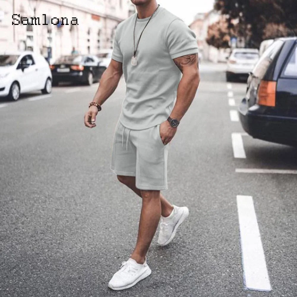 

Новинка 2023, летний спортивный костюм, однотонный Повседневный Спортивный костюм, Модный комплект из двух предметов: футболка и шорты, Мужская одежда для фитнеса, Бодибилдинг