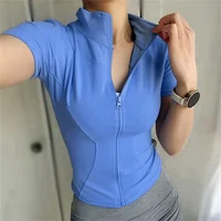 Manteau de Sport Slim décontracté pour femmes, manches courtes, solide, fermeture éclair, hauts pour femmes, cyclisme, course à pied, tenue de Yoga, vêtements d'été, veste de Sport 2