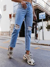 

2021 Autumn Casual Temperament Ripped Hole Washed Straight Pants High Waist Denim Trousers Women Ripped Jeans for Women