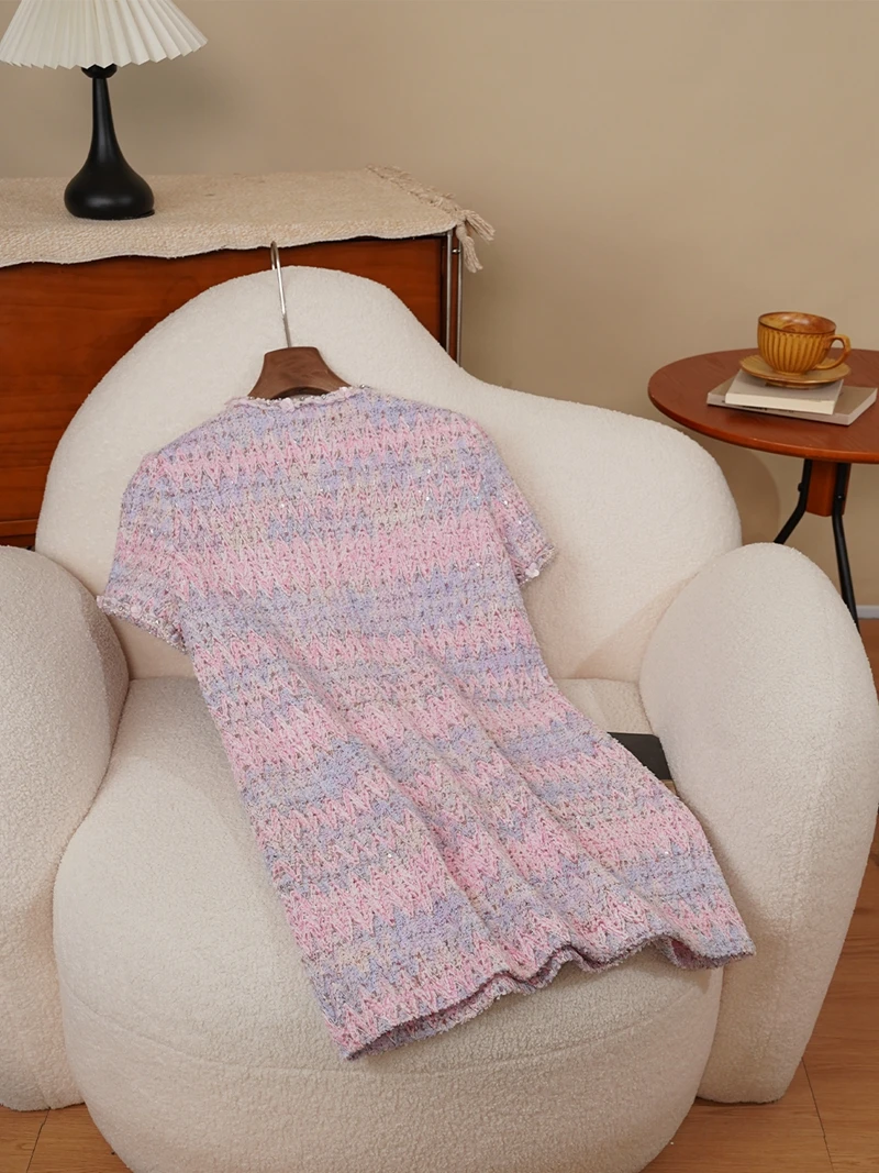 Pearl Trimmed ort Sve Woolen Tweed  Dr iny Sequin mid High Waist A-Line Skirt Sle Women's Faion Autumn Dr