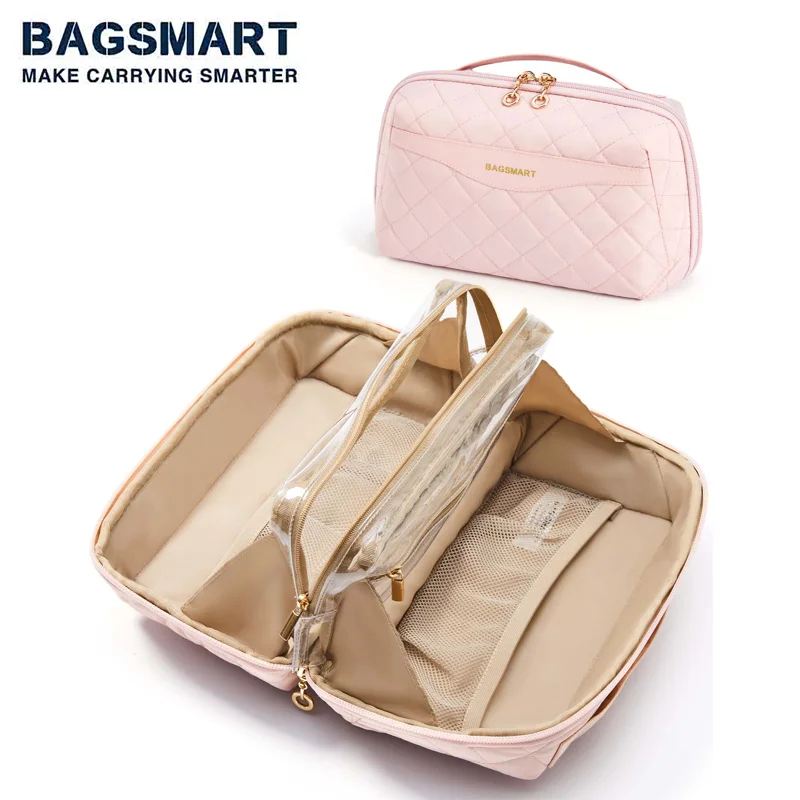 

BAGSMART косметичка для макияжа, дорожная водонепроницаемая сумка для туалетных принадлежностей для женщин, портативная открытая плоская сумка-Органайзер для косметики
