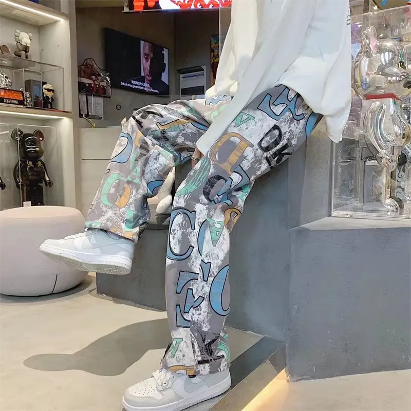 Mens Y2K Streetwear USA Style Graffiti Cargo Pants Men Letter Print Casual Trousers Vintage Straight Long Pants Pantalon Hombre
