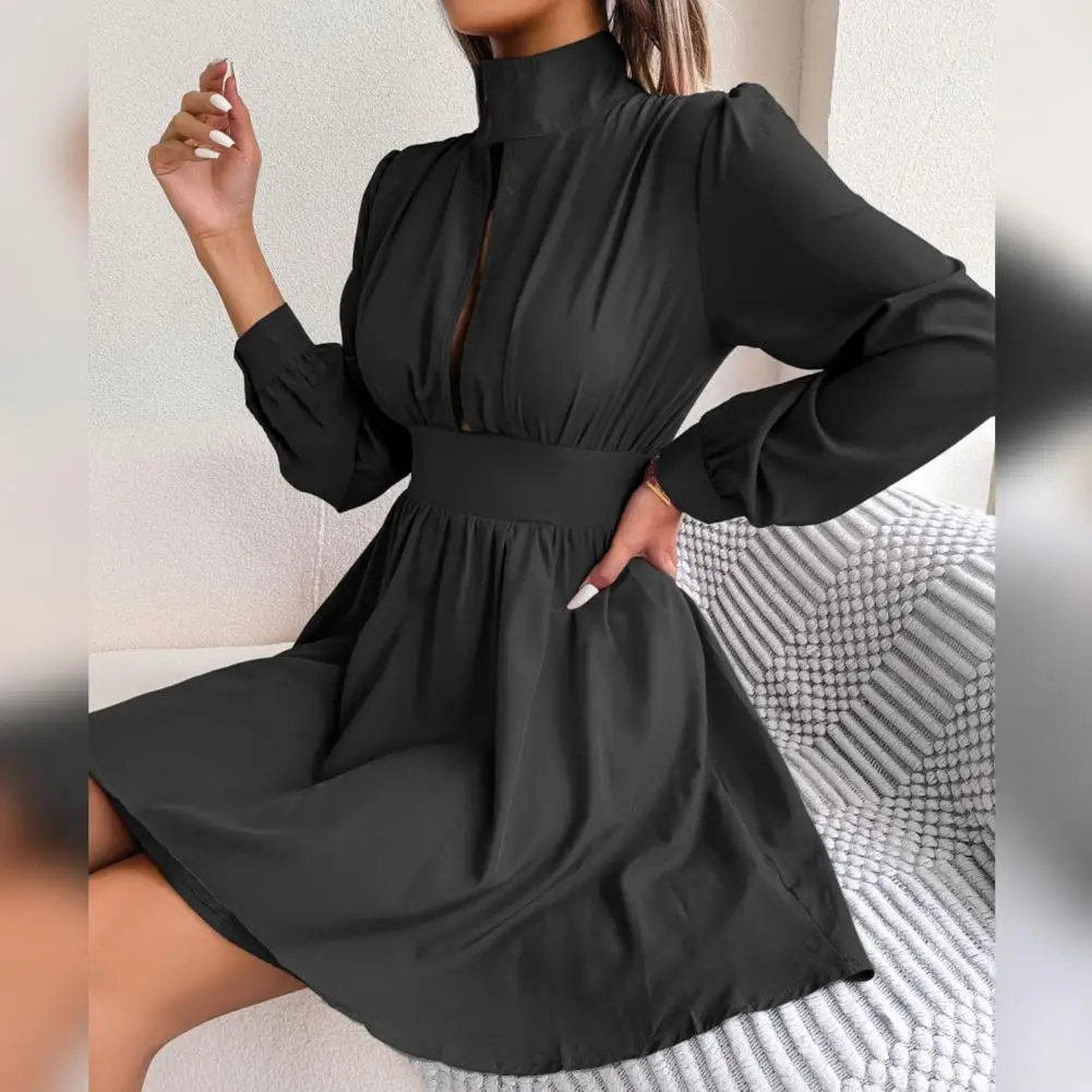 

Long Sleeve Cutout Dress Elegant High Collar Long Sleeve A-line Mini Dress for Women Solid Color Tight High Waist Party Dress