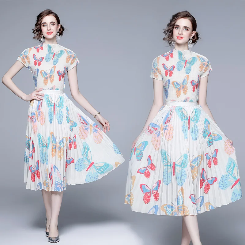 

Short Sleeve Two-piece Suit Female Clothes Outfits for Women 2 Piece Set Printing White Elegant Women's Sets Free Shipping Dress
