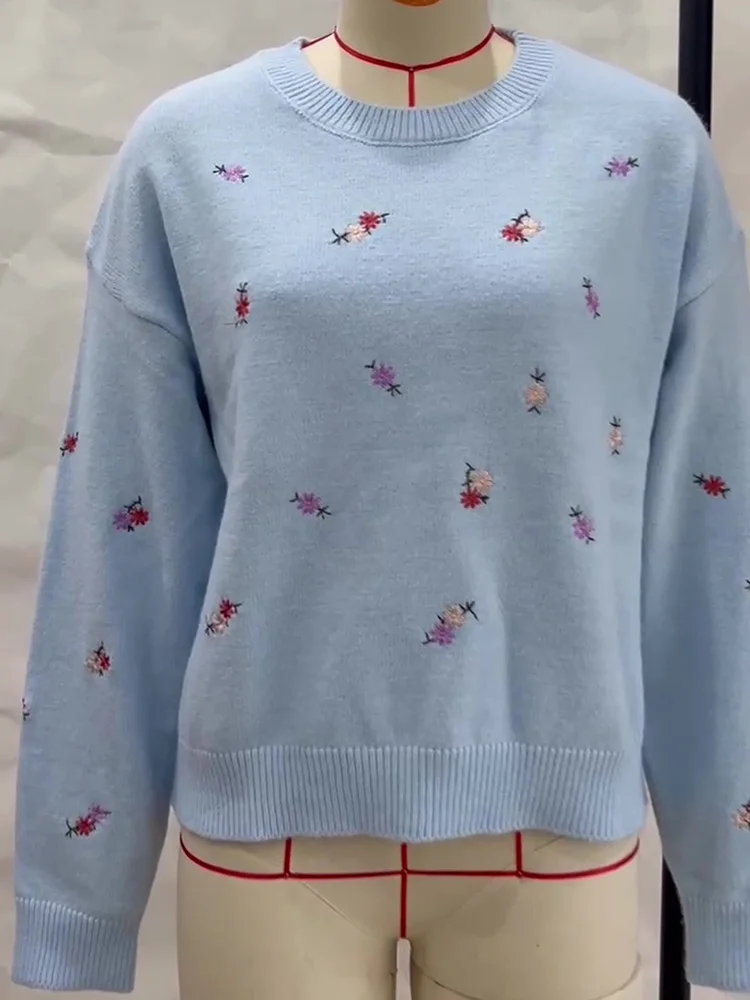 2025 Women Embroidery Floral Sweaters Fashion O-Neck Pullovers Long Sleeve Loose Knitted Jumpers Fashion Splice Warm Sweaters