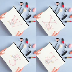 Pink Letter Flower Print Women Makeup Bags Travel   Cosmetic Cases Toiletries Storage Pouch Ladies Beauty Kits Clutch Bags