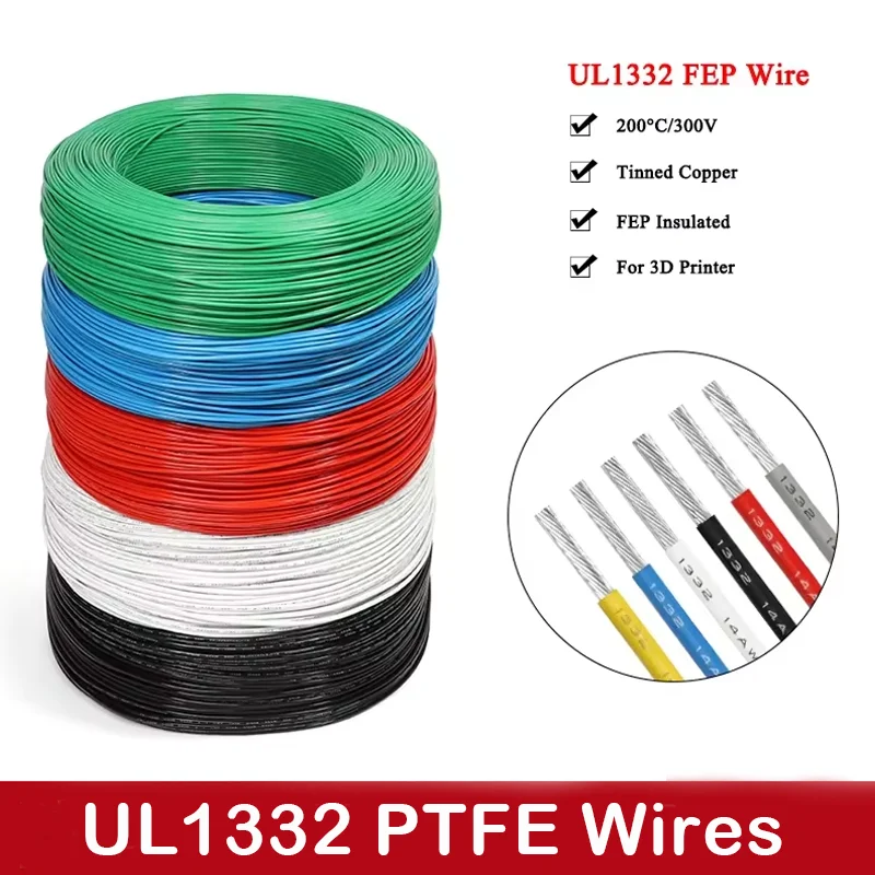 5/10M UL1332 PTFE Wire 30/28/26/24/22/20/18/16/14/13/12/11/10AWG High Temperature Insulated Electric Cable For 3D Printer