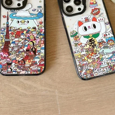 MagSafe Acrylic Mount Fuji Fortune Cat Phone Case Cover for IPhone 11 12 13 14 15 Pro Max Case for IPhone 15 Pro Max