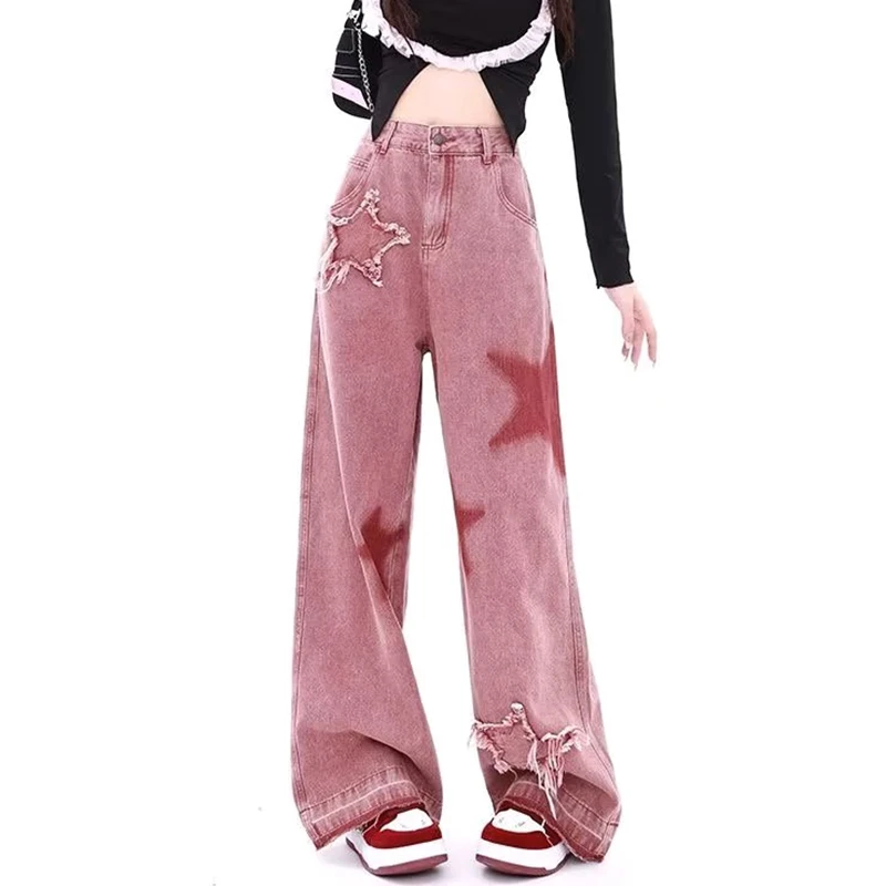 

Women American Retro Jeans Star Raw Edge Splicing Loose Wide-leg Slim Trendy Mopping Pants Y2K