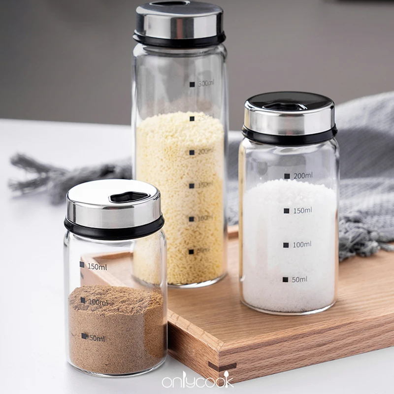 Kitchen Salt and Pepper Shakers Spice Dispenser Adjustable Pour Holes Stainless Steel Lid Glass Bottle for BBQ
