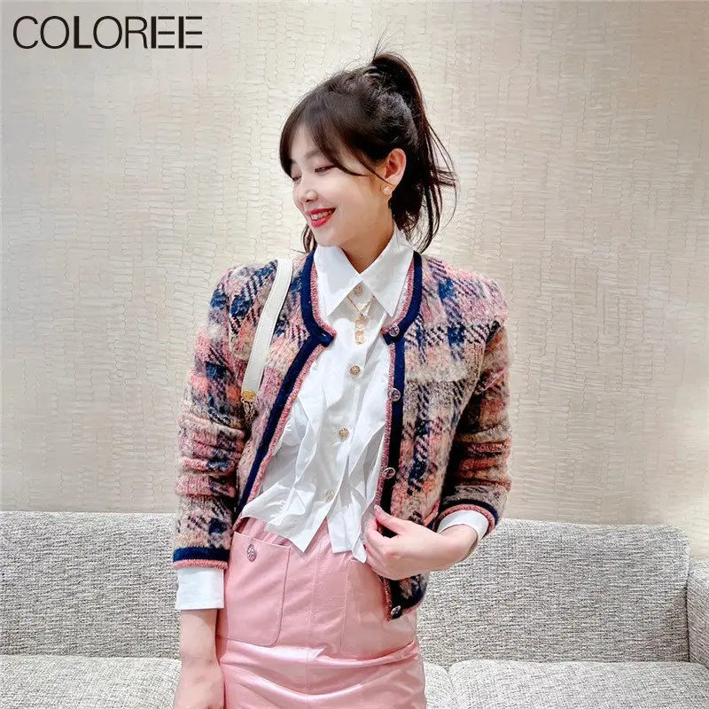 

Vintage Plaid Long Sleeve Top Mujer Autumn Winter Thick Warm Knitted Cardigan Femme Oversized Knitted Sweater Women 2023