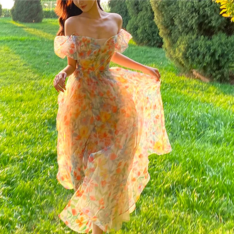 

French Summer New Fairy Sweet Dress Long Skirt Retro One-Shoulder Korean Floral Skirt Dress Pastoral Fresh Dress Women's