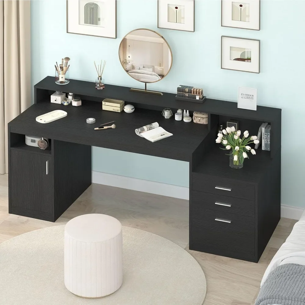 Computer Desk with 3 Drawer Storage Shelves, Home Office Desk with File Drawer Cabinet, Writing Study Table with Long Monitor 5