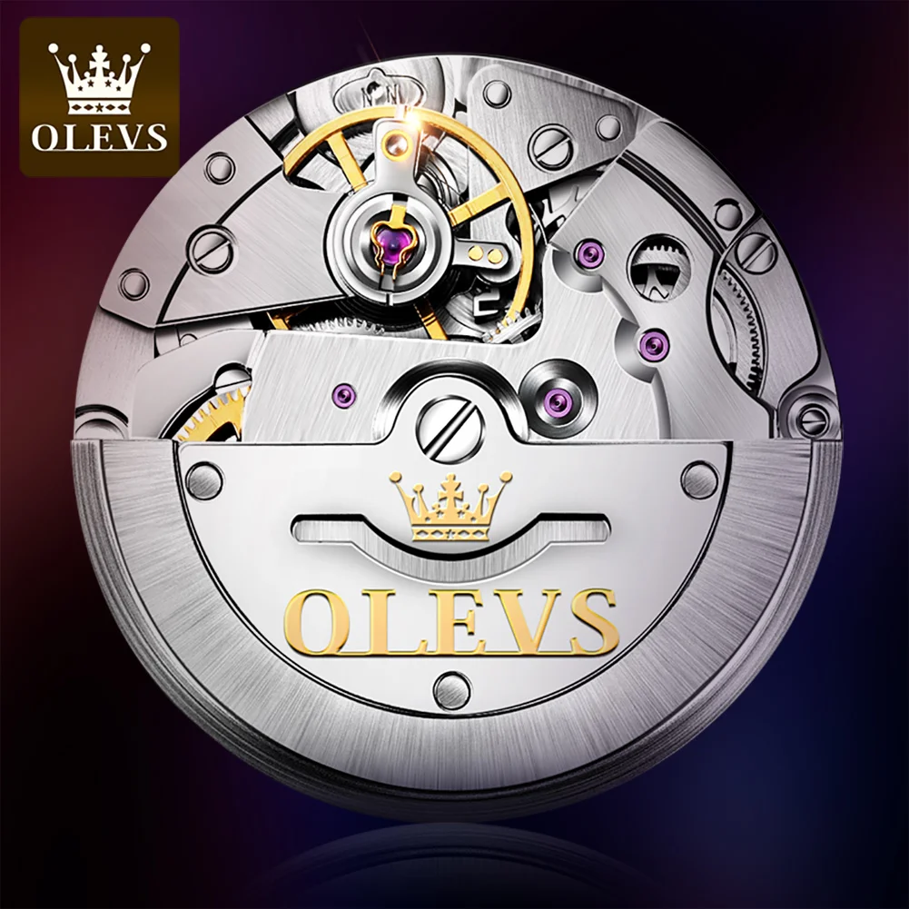 OLEVS Relógio mecânico automático masculino, pulseira de aço inoxidável impermeável, ponteiros luminosos, presente de luxo, marca superior, 6650