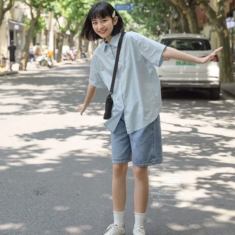EBAIHUI New Solid Women's Shirt Summer Thin Japanese Casual Ladies Short Sleeved Blouse Loose Preppy Style Polo Blusas