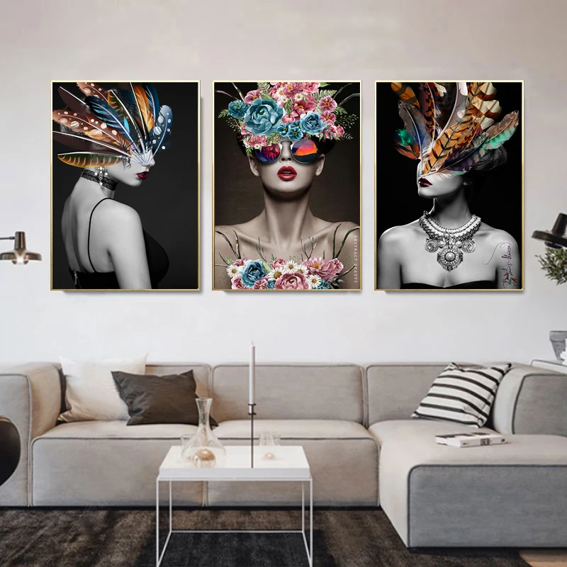 

Modern Sexy Flower Woman Canvas Paintings Fashion Abstract Wall Art Decor Print Luxury Pictures For Interior Living Room