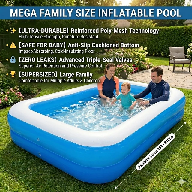 Grande piscine gonflable pour enfants de 2/2,6 m, jouets gonflables d'été, piscine familiale, grande piscine rectangulaire pour bébé, jouet d'extérieur en PVC 1