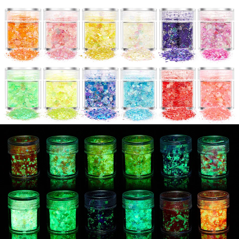 

50g/Bag Luminous Powder Nail Art Glitter Glow In The Dark Sparkle Sequins Mix Hexagon Fluorescent Flakes Manicure Chunky Glitter