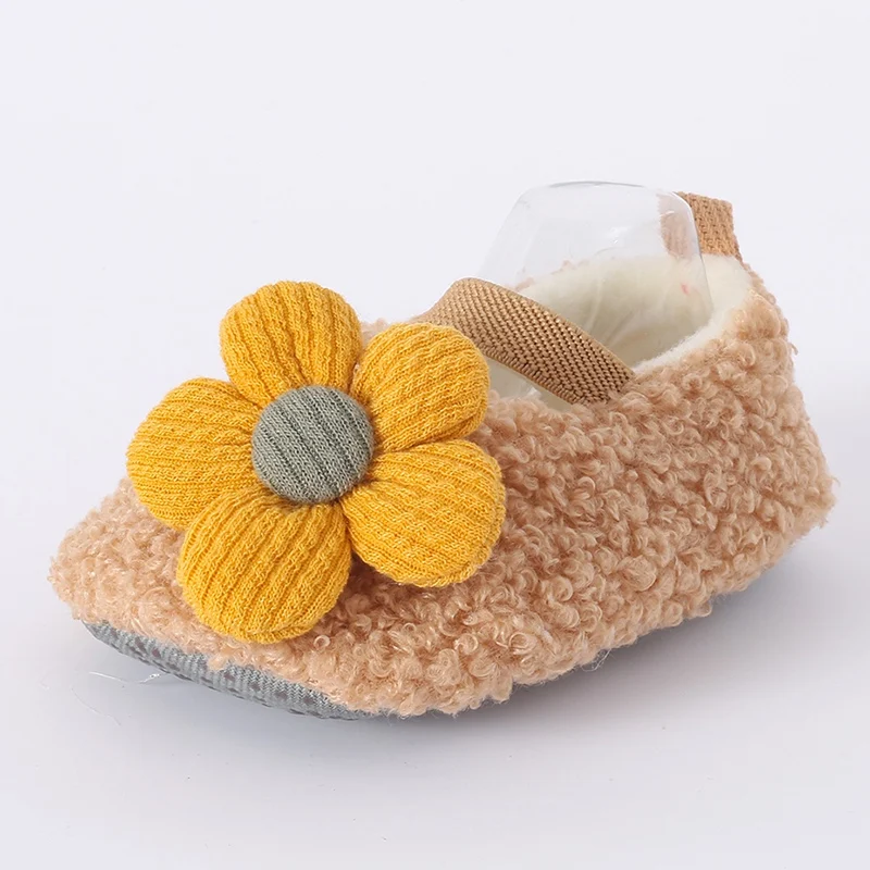 Winter Baby Girls Cotton Shoes Warm Plush Flower Toddlers Prewalkers Infant Soft Bottom First Walkers With Hairband
