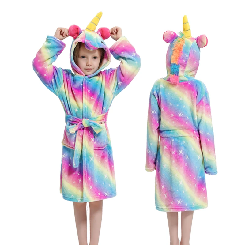 New Winter Big Boys Girls Bath Robe Children Unicorn Hooded Flannel Pajamas Lengthen Bathrobes for Teenage Boy Cartoon Pajamas