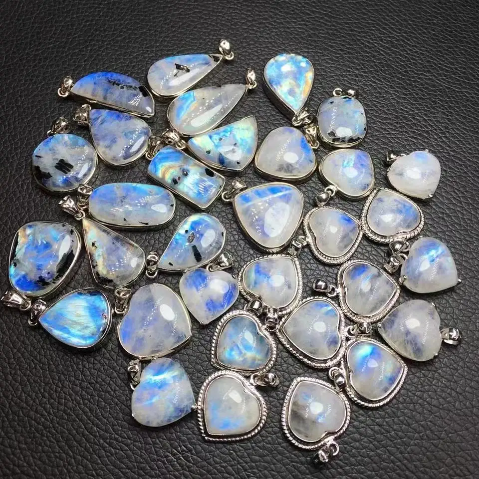 Unit One Piece Natural blue moonstone sliver 925 pendant rainbow moonstone with black spot pendant for gift 6