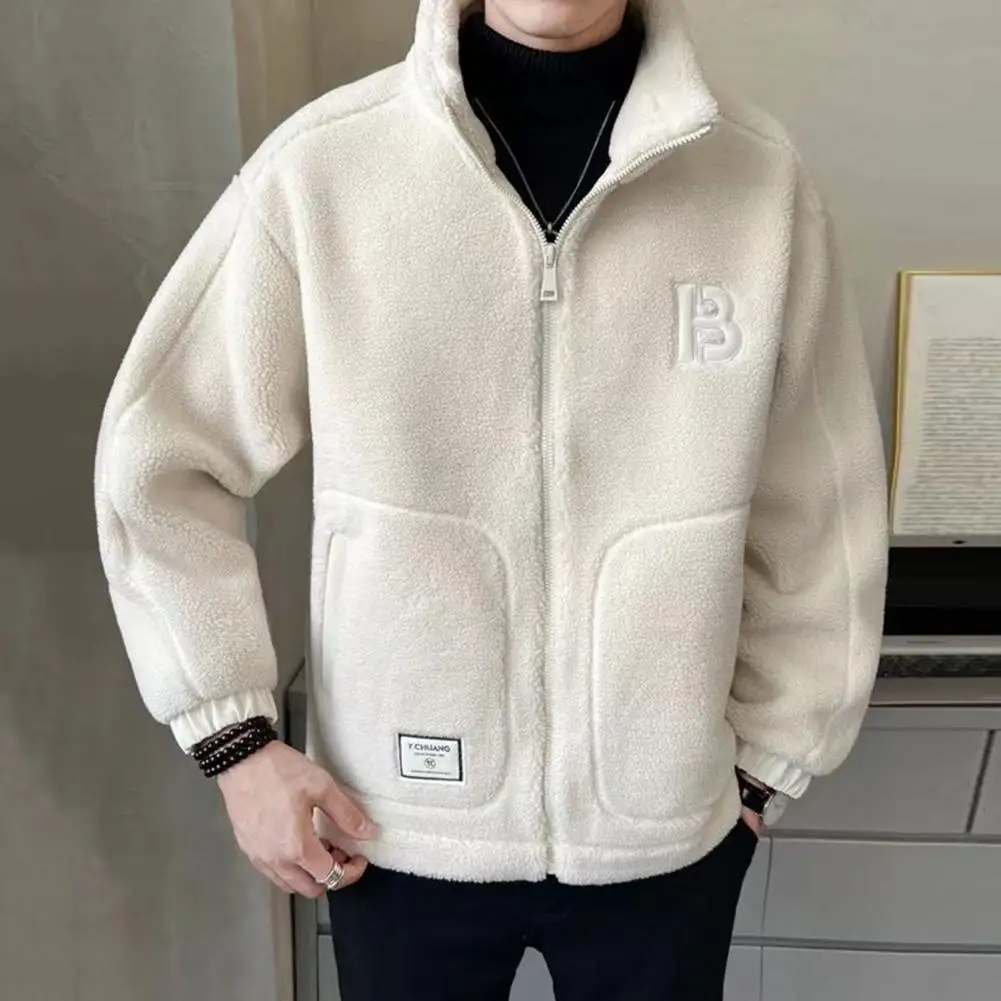 Men Cardigan Jacket Men's Cozy Velvet-lined Thickened Jacket with Full Zipper Closure Solid Color Loose Warm for Spring for Men