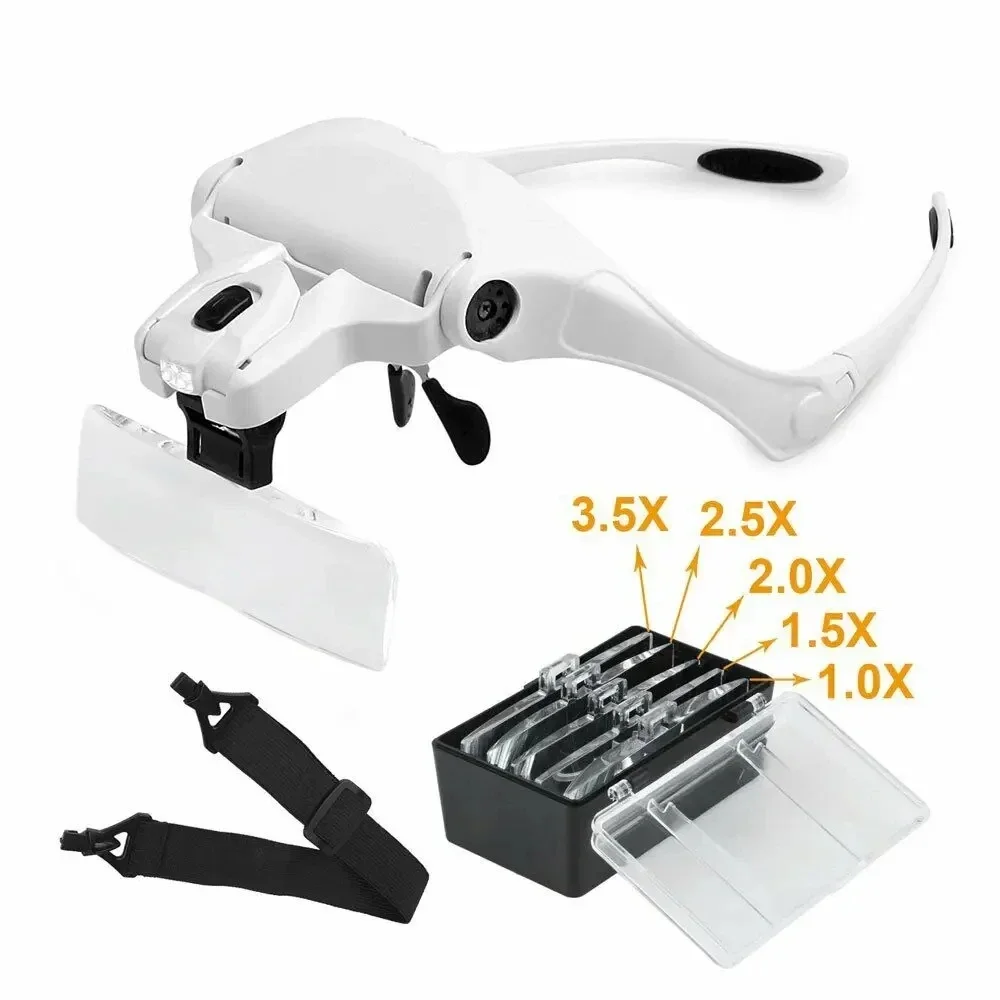 돋보기 LED 헤드 루페(5개 렌즈 포함)(1.0X-3.5X) 보석상 시계 수리용 광학 도구용 밝은 조명 확대경