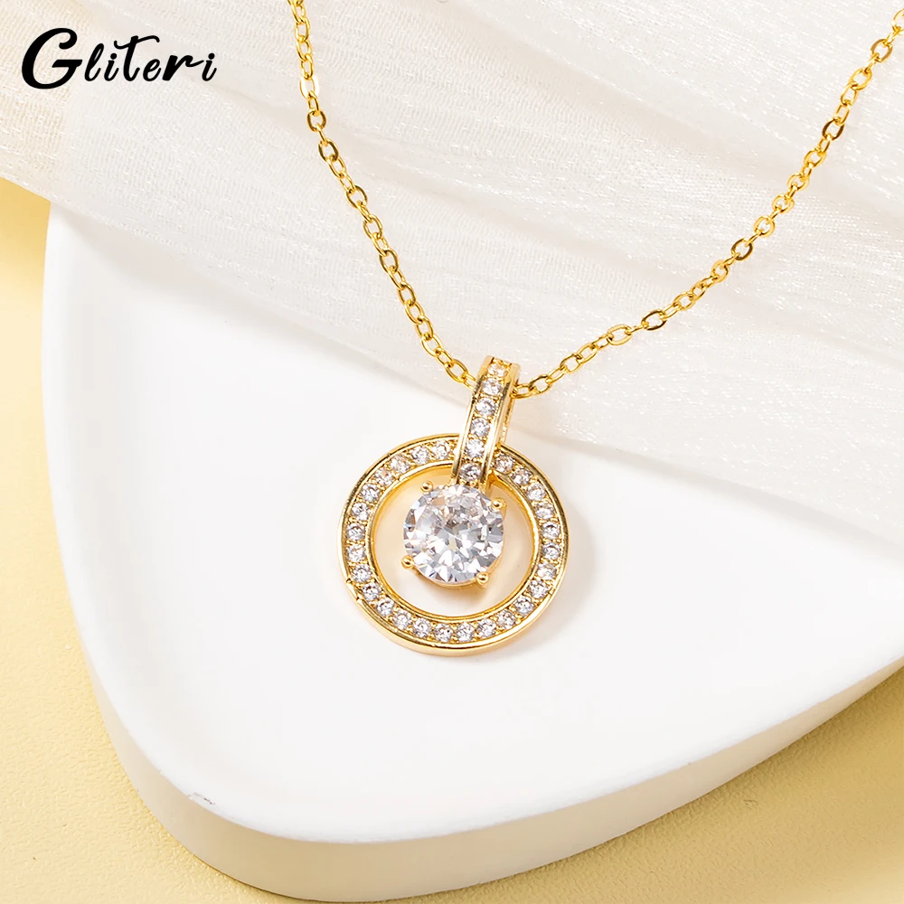 

GEITERI 2023 Trendy Round Zircon Pendant Necklaces For Women Girls Gold Color Stainless Steel Chain Circle Choker Charm Jewelry