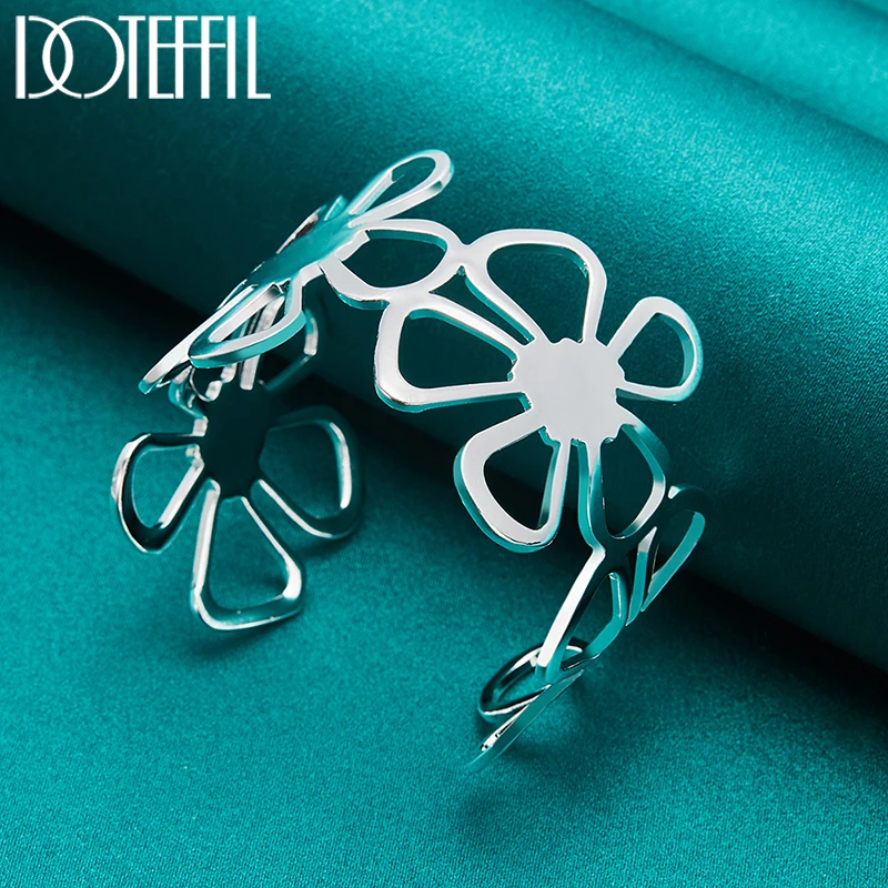 DOTEFFIL 925 Sterling Silver Flower Bangle Bracelet For Woman