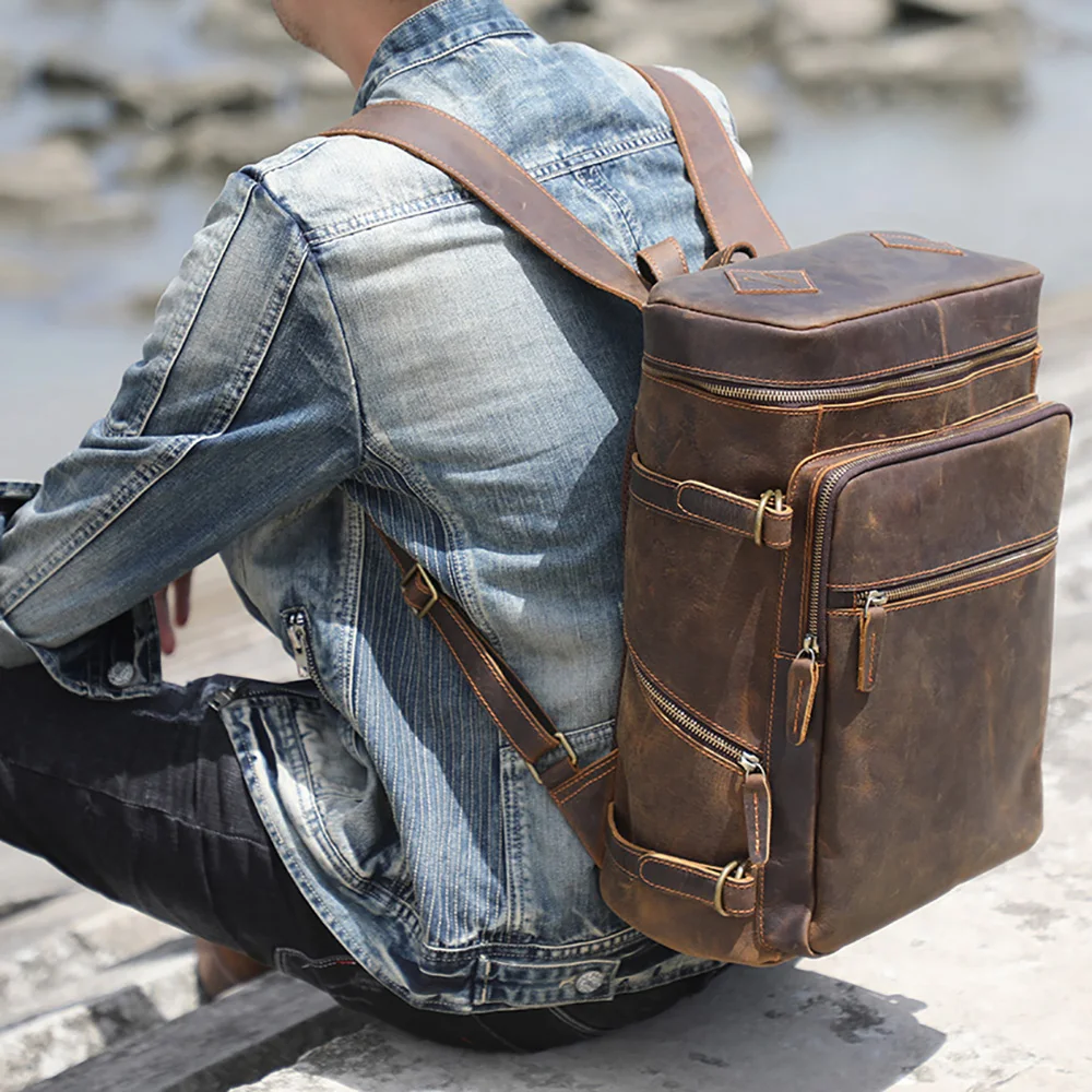 Vintage Genuine Leather Backpack Laptop Bag Crazy-horse Leather School Bag Outdoor Travel Weekender Shoulder Bag 5