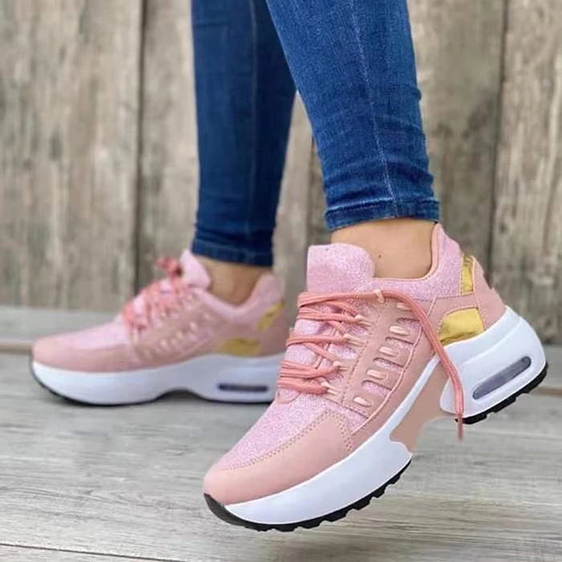 Women Sports Sneakers Leisure Mesh Breathable Mixed Color Ladies Shoes Female Flat Platform Round Toe Height Increasing Footwear