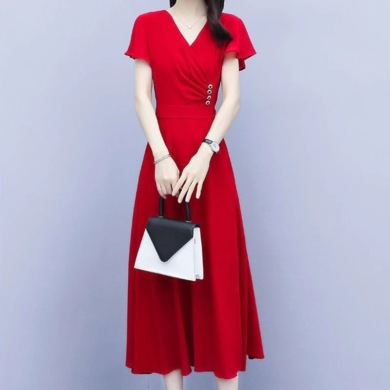 

2022Summer Fashion Sexy V Neck Slim Fit Solid Elegant Simple Office Ladies Dresses Short Sleeve Ruffled Midi Dress Women Vestido