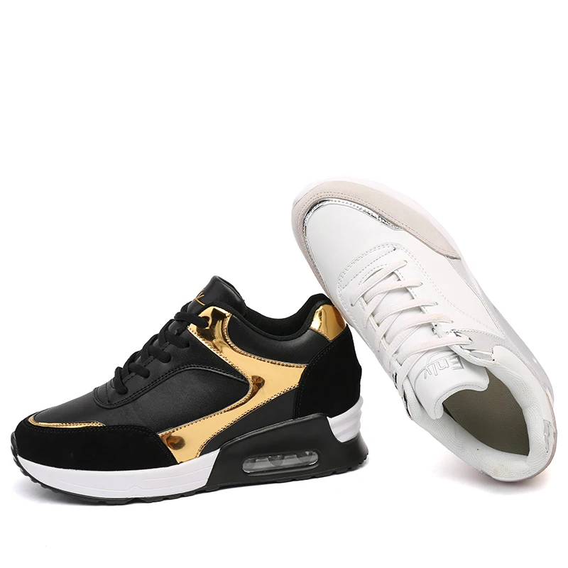 Height Increasing Women Sport Shoes Black Gold Female Walking Sneakers Comfortable Spring Outdoor Travel City Walk Shoes
