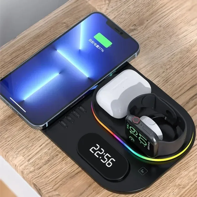 4 in 1 무선 충전 스테이션 RGB 무드등 디지털 시계 고속 충전 스탠드 (휴대폰, 시계, 이어버드용) 가정 및 사무실 데스크탑