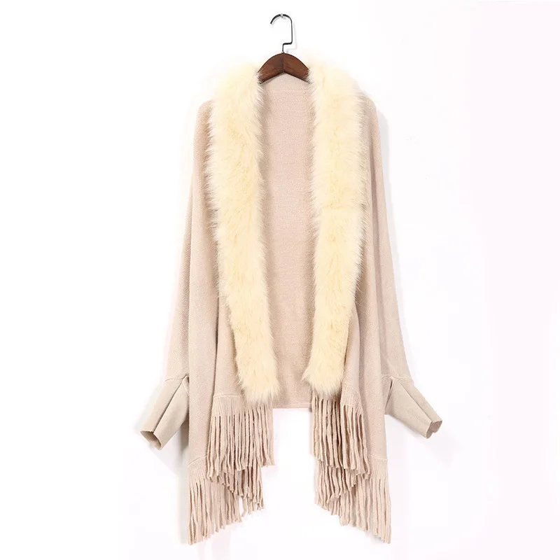 Autumn Winter Imitation Wool Collar Knitting Shawl Imitation Cardigan Shawl Poncho Fashionable Upscale Capes Beige Cloaks scarf autumn and winter new women s warm retro wool scarf korean knitting fashion sister shawl wholesale and direct sales