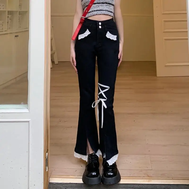 Black Vintage Fashion Flare Pants Women Patchwork Lace Elegant Designer Jeans Female Pockets Korean Casual Pants Autumn New
