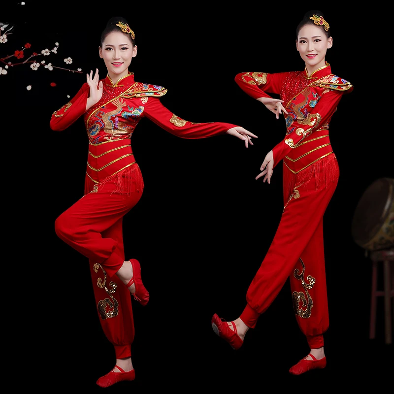 Traditional Chinese Style Waist Drum Costumes National Yangko Dance Costume Red Folk Dress Umbrella Dance Stage Performance