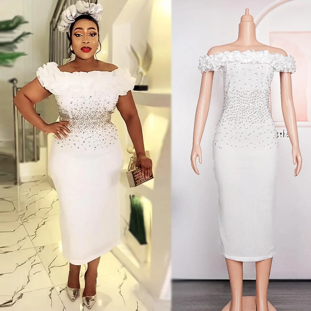 latest lovely short sleeves prom party dresses mini length ivory wedding guest gowns corset back plunge neckline Elegant African Clothing Dresses for Women Party Luxury Africa Dress Off Shoulder Sleeves Midi Bodyton Wedding Evening Guest New