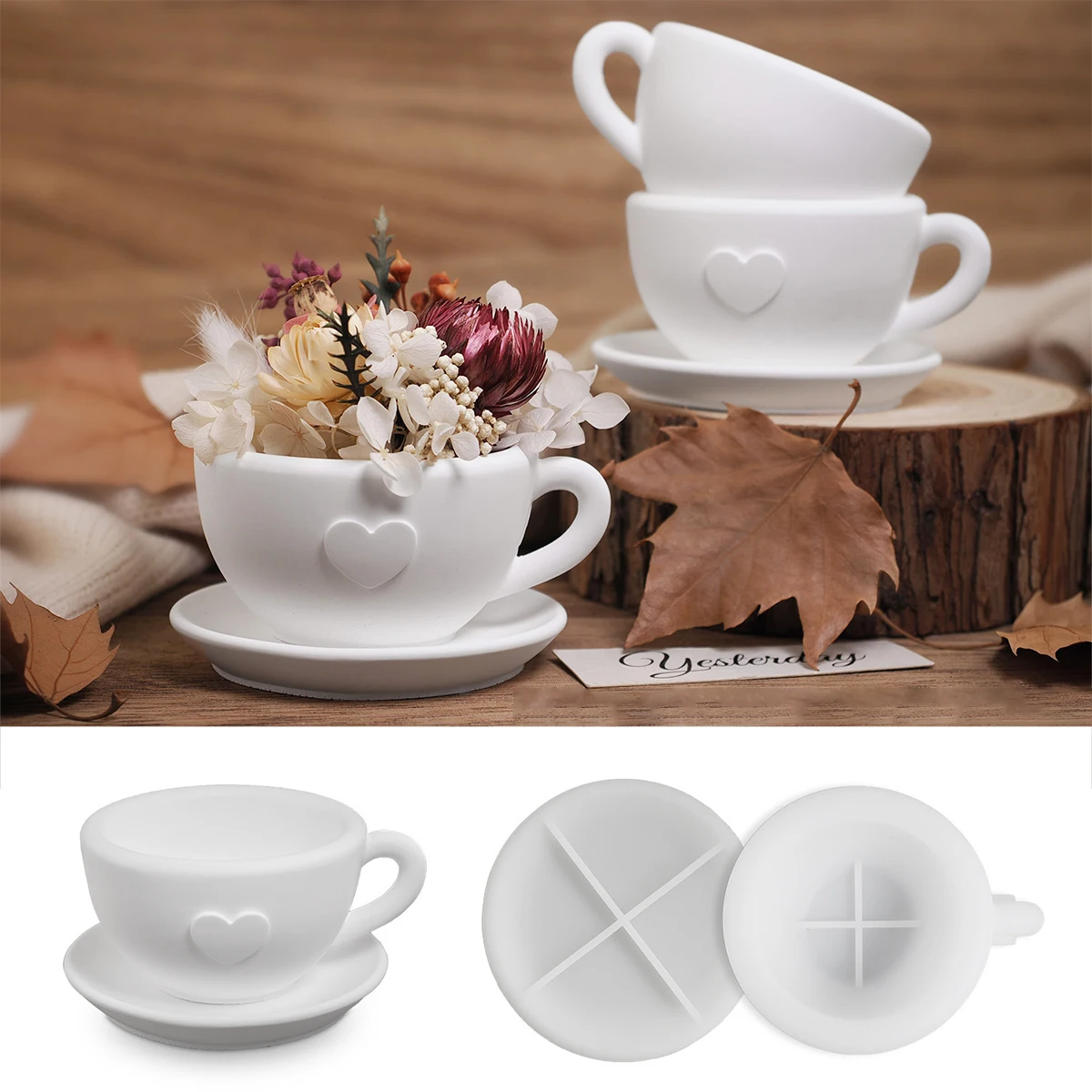 Heart Teacup Tray Silicone Mold with Handle for Resin & Plaster Crafts 1