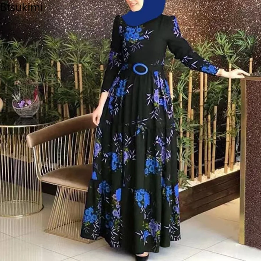 Muslim Vintage Print Dress for Women Elegant Abaya Ethnic Style Temperament Maxi Dress Turkish Kaftan Robe Belt Vestidos Femme