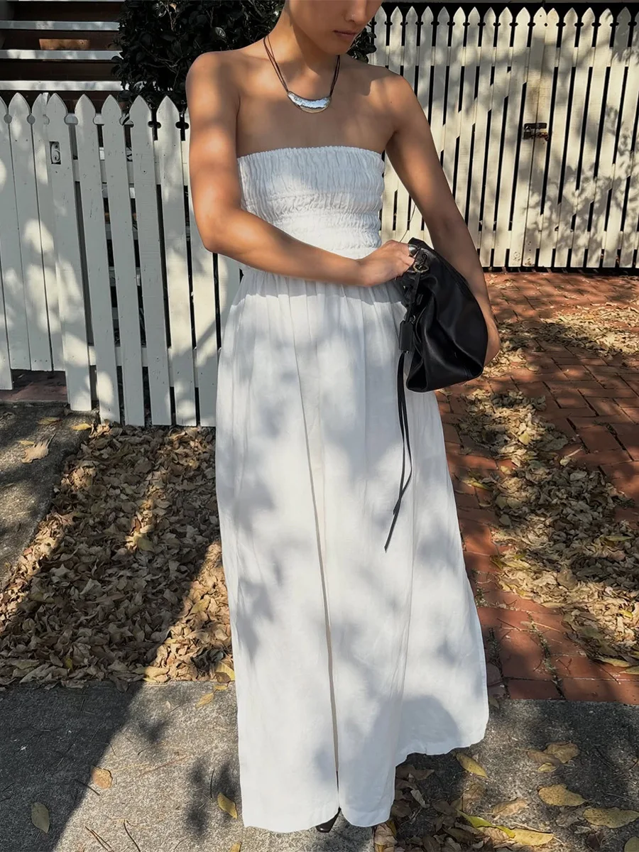 Bornladies Women's 2026 Summer New Strapless Dress Lightweight Vacation Off-Shoulder Ruched High-Waist Loose Maxi Dress